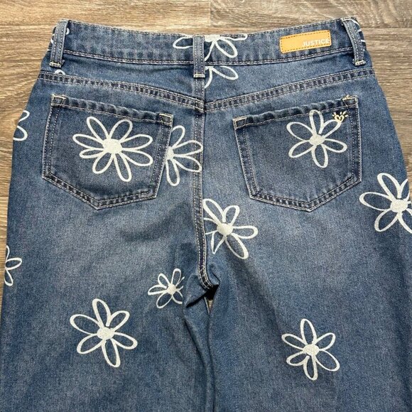 Justice Girls Wide Leg Flower SZ 16 Jeans Side Slit Y2K Floral Denim Daisy 70's - Picture 12 of 15